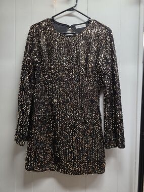 Sequin Long Sleeve Mini Dress - Black with Gold Sequins